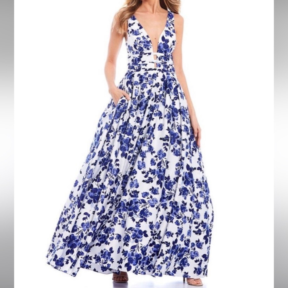 NWT Blondie Nites Floral Blue Plunging Maxi Dress Prom Gown 0 Corset V Neck